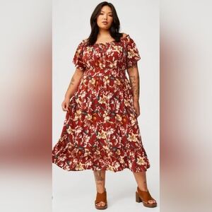 torrid Burgundy Floral Midi Dress with Ruffle Hem